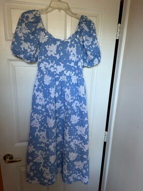 Blue and White Floral Puff-Sleeve Midi Dress